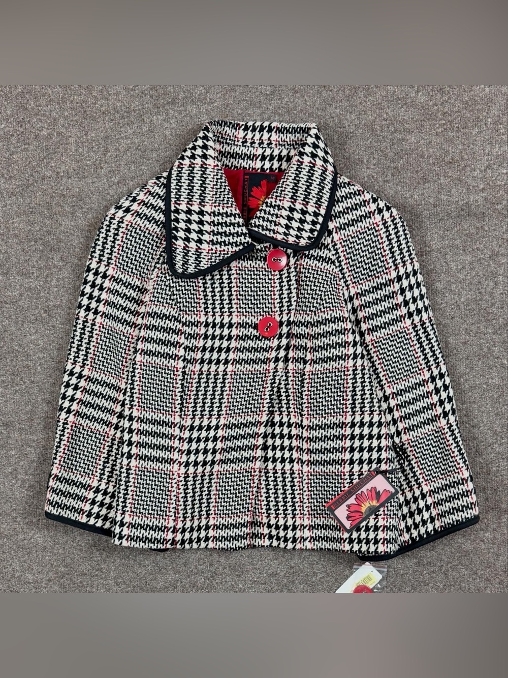NWT Black White Red Houndstooth Wool Blend Jacket Women’s L Asymmetrical Collar - Picture 2 of 11
